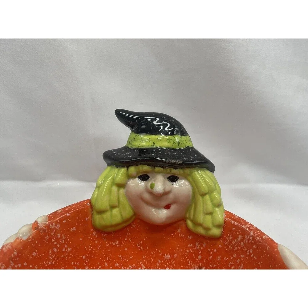 Cloe K Halloween Witch Candy Dish Bowl Ceramic Orange Green Black RARE